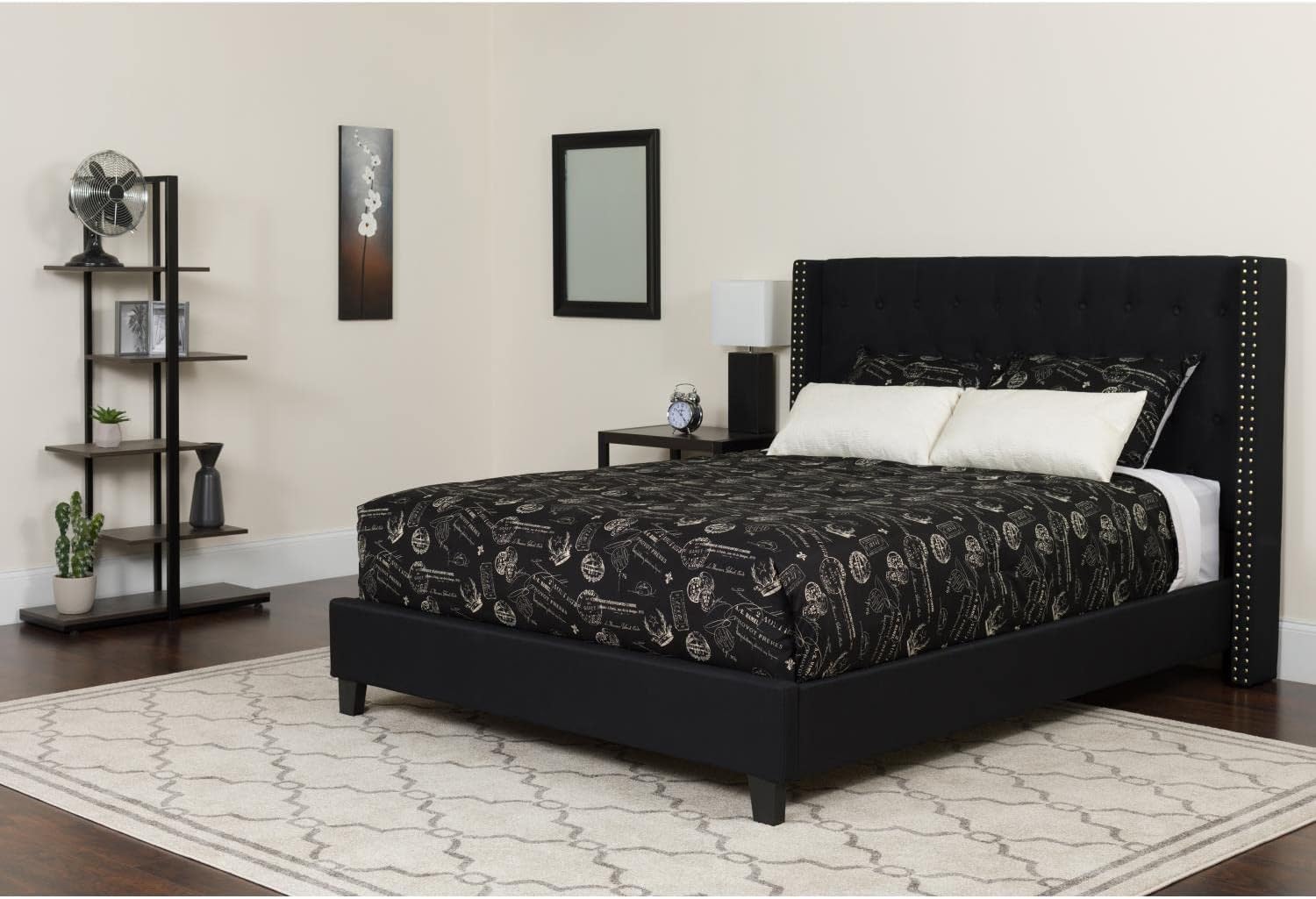 Flash Furniture Riverdale Queen Size Tufted Upholstered Platform Bed in Black Fabric with Memory Foam Mattress