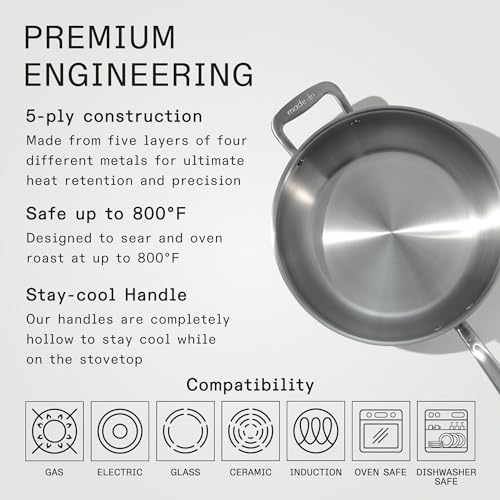 Made In Cookware - 2 Quart Stainless Steel Saucier Pan - 5 Ply Stainless Clad - Professional Cookware - Crafted in Italy - Induction Compatible