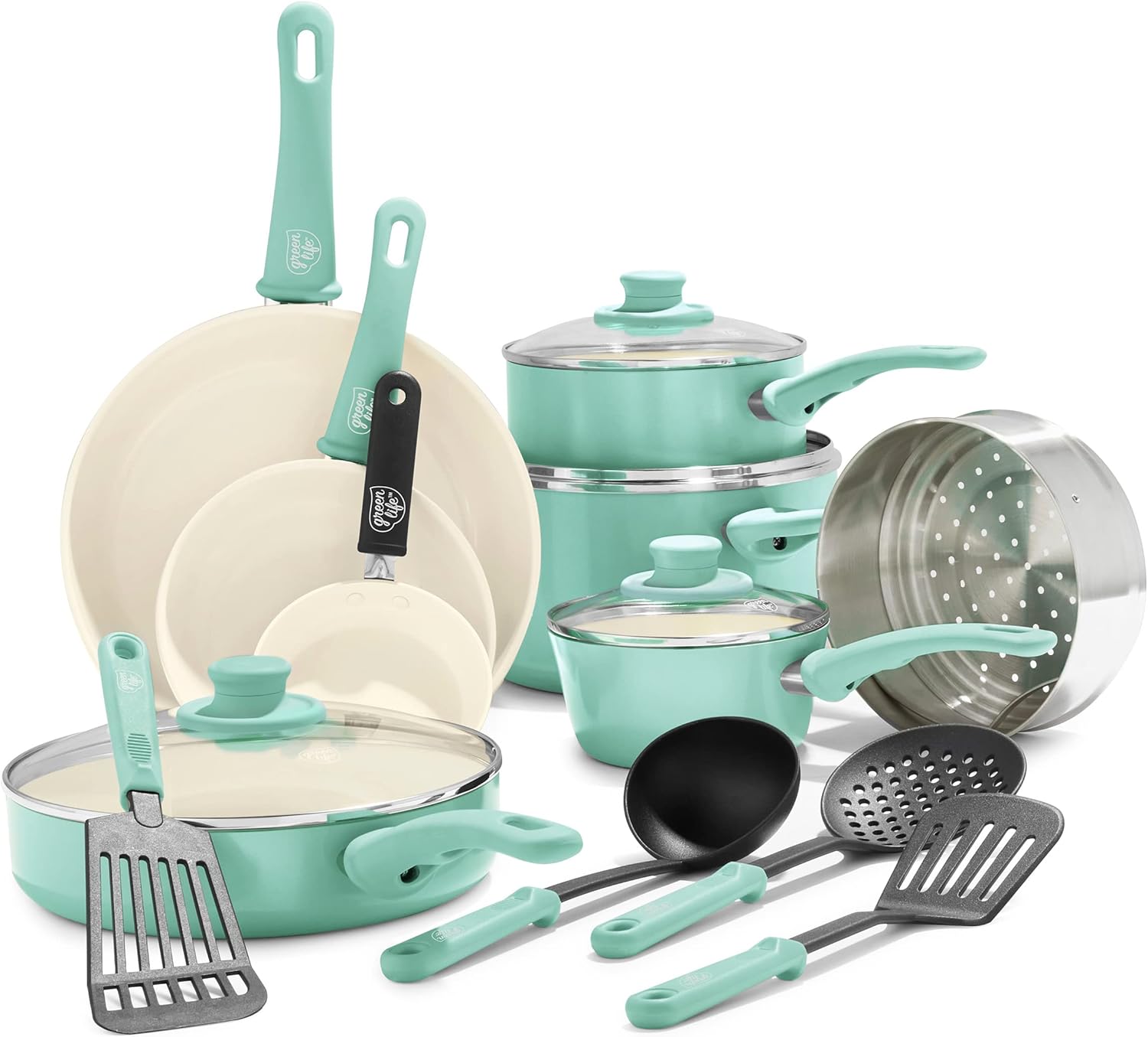 GreenLife Soft Grip Healthy Ceramic Nonstick 16 Piece Cookware Pots and Pans Set, Turquoise & Soft Grip Healthy Ceramic Nonstick, 11