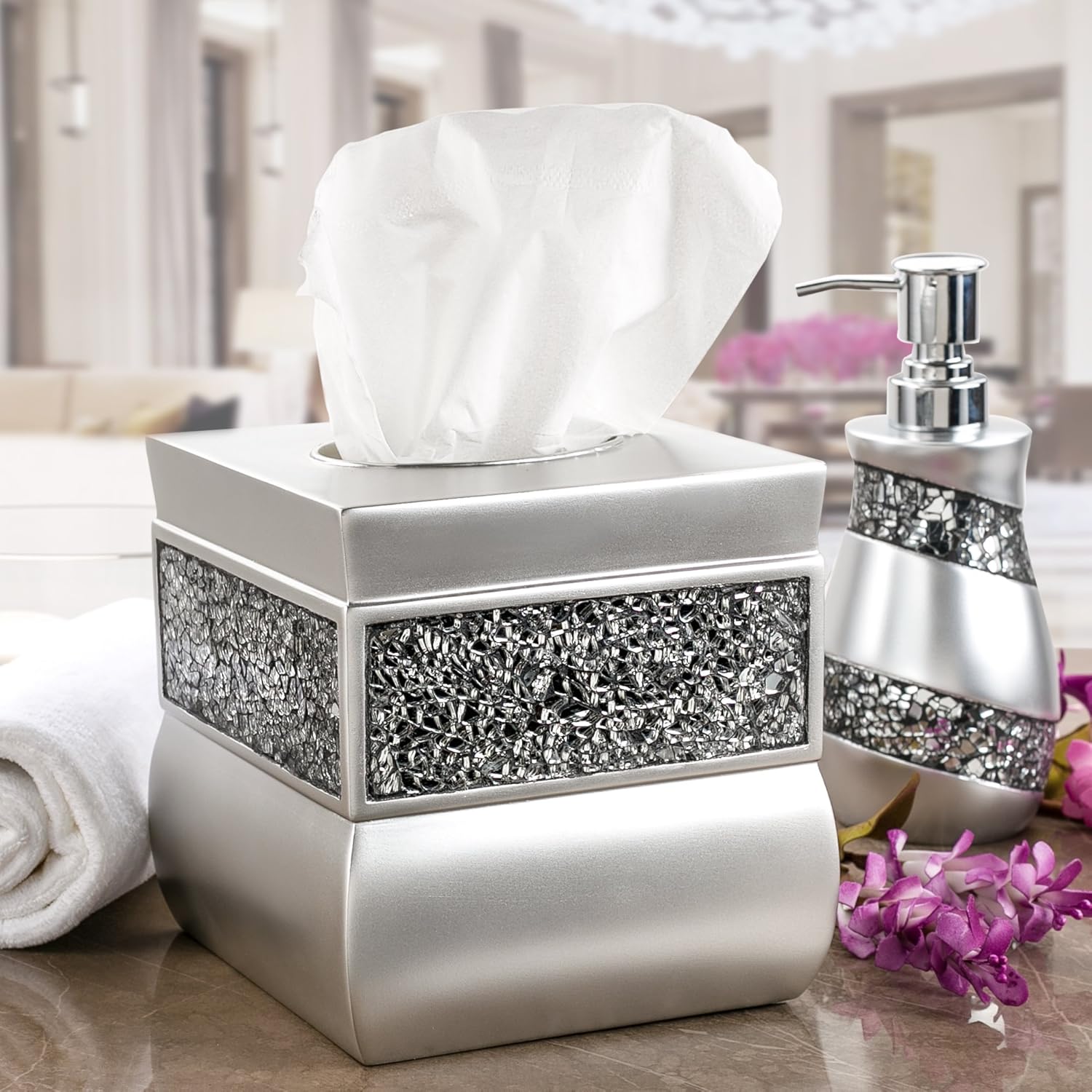 Creative Scents Silver Colored Square Tissue Box Cover - Decorative Tissue Box Holder with Beautiful Mosaic Glass - Tissues Cube Box Cover with Durable Bottom Slider, Elegant Home Or Bathroom Decor