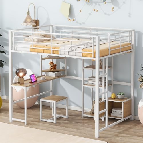 Full Size Loft Bed Frame for Boys Girls Kids Adults Toddler with Desk and Stool, Metal Loft Bed with Open-Style Wardrobe, Shelves and Cabinet, White