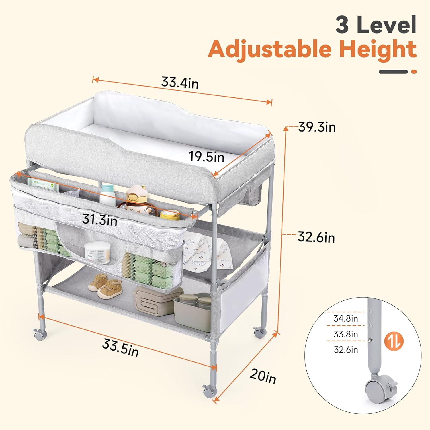 2 in 1 Baby Changing Table, Adjustable Height Waterproof Diaper Changing Station, Foldable Baby Changing Station with Large Storage, Mobile Nursery Organizer for Newborn/Infant Essentials