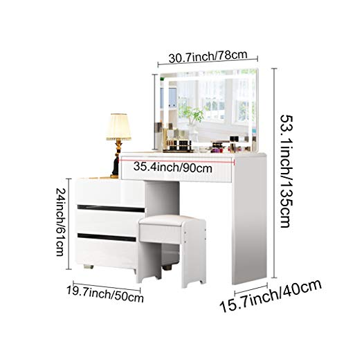 Vanity Table Set Deluxe White Dressing Table with Vanity Mirror Drawers Stool for Makeup Bedroom Jewellery Set (White+black 90x40cm)