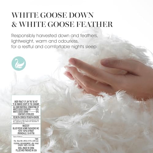 MARTHA STEWART 240 Thread Count White Goose Down and Feather Comforter - All Season Warmth Duvet Insert with Corner Tabs Made in USA - Full/Queen Size