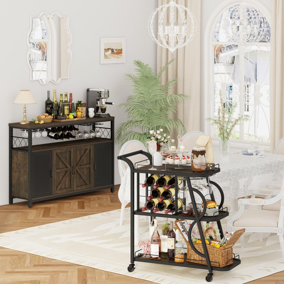 Industrial Rolling Bar Cart with Wine Rack and Glass Holder with Bar Cabinet for Liquor and Glasses, Rustic Buffet Sideboard with Mobile Beverage Cart for The Home (Walnut Brown)