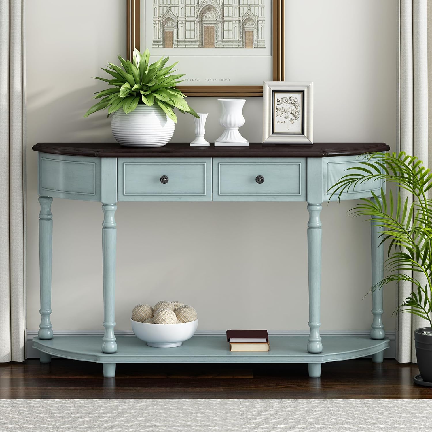 Retro Circular Curved Design Console Table with Open Style Shelf Solid Wooden Frame and Legs Two Top Drawers (Cherry + Antique Blue, OLD SKU: WF298768AAC)