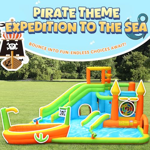 Inflatable Water Slide Park, Large Water Bouncer Castle Fun Bouncy House with Large Pool, Dual Slides, Climbing Wall, Basketball, Soccer, Archery, Toss Game, Easy to Set Up with Air Blower