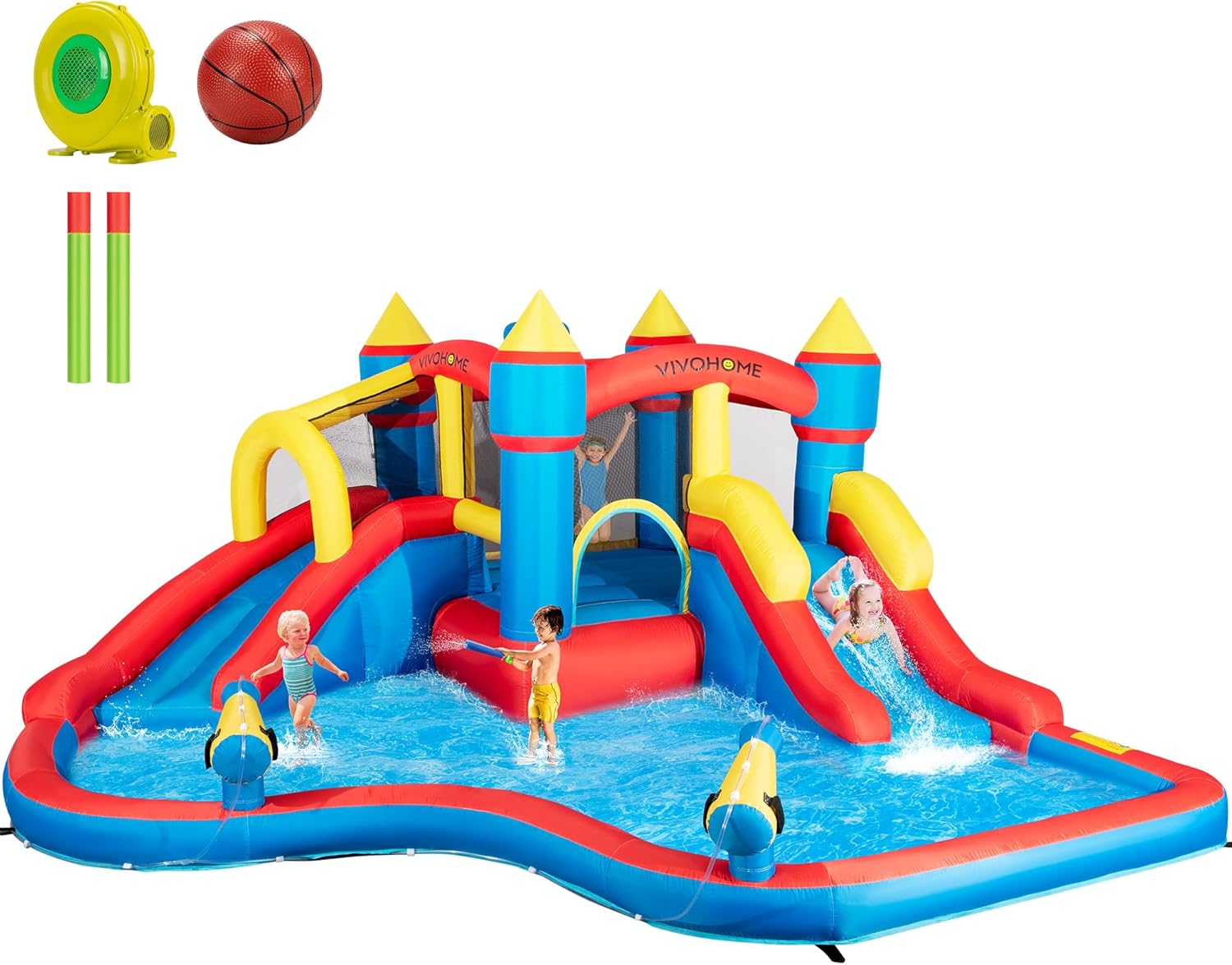 VIVOHOME Inflatable Bounce House Water Bouncer Jumping Castle with 450W Air Blower, Double Water Slide, Sprinkler, Splash Pool, Basketball Hoop, Water Gun, Climbing Wall for Kids Outdoor Backyard
