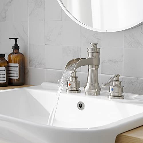 Widespread Bathroom Faucet 3 Hole Brushed Nickel Waterfall with Pop up Drain Assembly 2 Handle Sink Vanity Overflow Commercial Supply Line