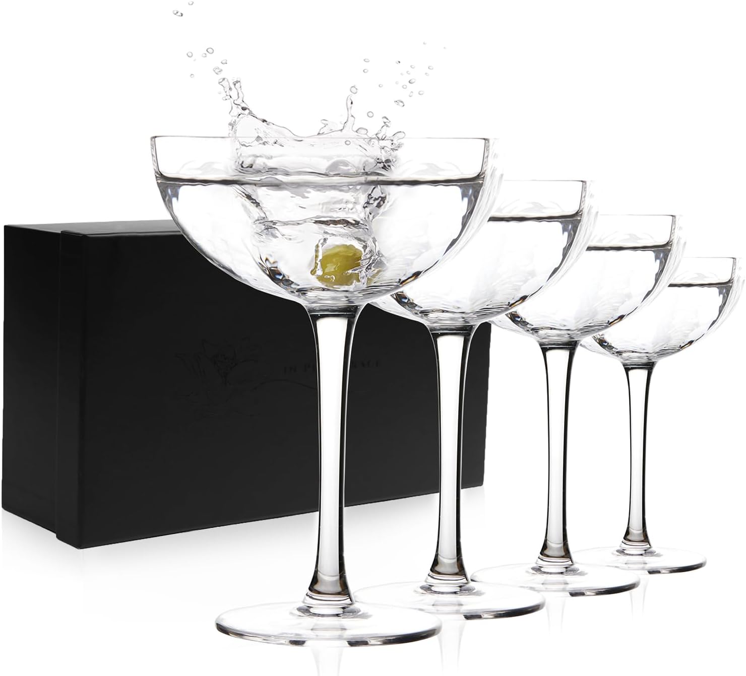 In Pure Grace Crystal Coupe Glasses Set of 4 - Hand Blown Cocktail Glass with Elegant Stem - Vintage Champagne Saucer - Glassware Sets for Daiquiris, Manhattan, Mocktail, Desserts and More