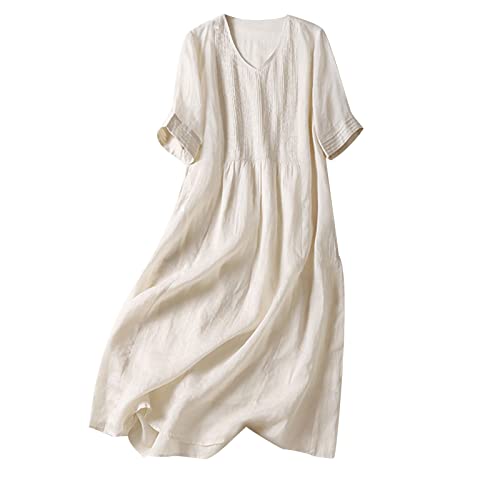 Womens Bohemian Cotton Linen Dresses 3/4 Sleeve Maxi Long Dress Plain Classic Dresses Trendy Boho Dresses with Belt
