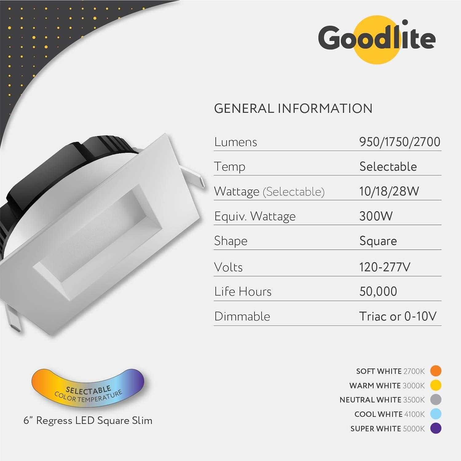 Goodlite 6-inch LED Regress Square Slim - Recessed Downlight, Multi-Watt 10-18-28W, 120-277V, CRI 90+, Wet & ETL, Triac & 0-10V Dimming, 950-1750-2750 Lumens, 5CCT 27K-30K-35K-41K-50K, 1ct (G-20246)
