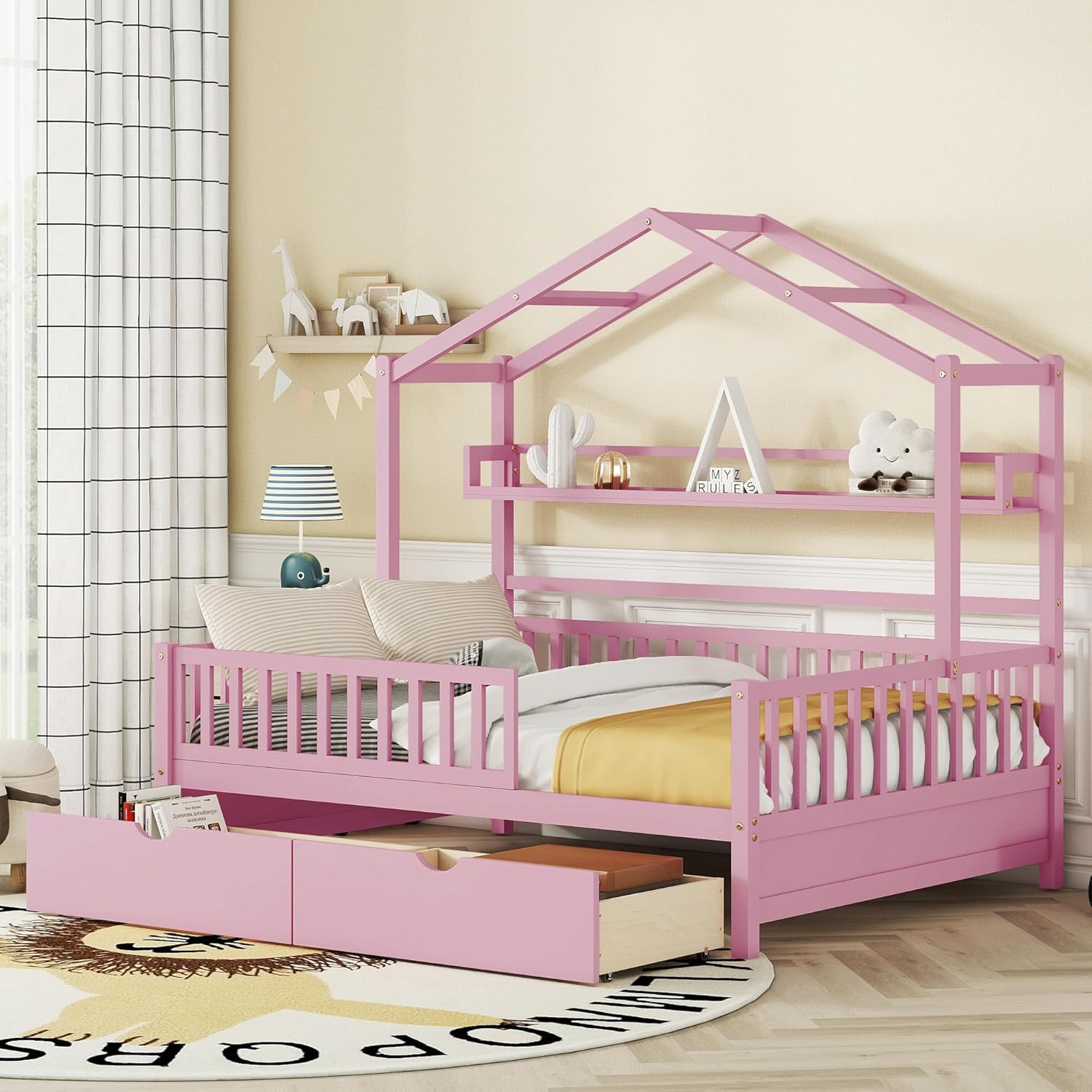 House Full Size Platform Bed with 2 Drawers, Wooden Low Daybed with Storage Shelf and Roof Design, for Kids Teens Girls, Pink