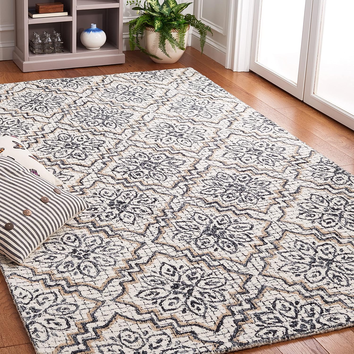 SAFAVIEH Abstract Collection Area Rug - 8' x 10', Ivory & Navy, Handmade Wool, Ideal for High Traffic Areas in Living Room, Bedroom (ABT201N)