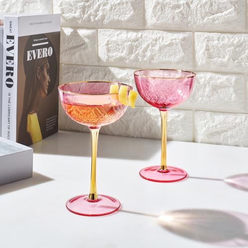 Vintage Art Deco Coupe for Champagne, Martini, Cocktails | Set of 6 | 7 oz Classic Cocktail Glassware - Manhattan, Cosmopolitan, Sidecar, Crystal Speakeasy Style Saucer Goblets Coupes with Stems