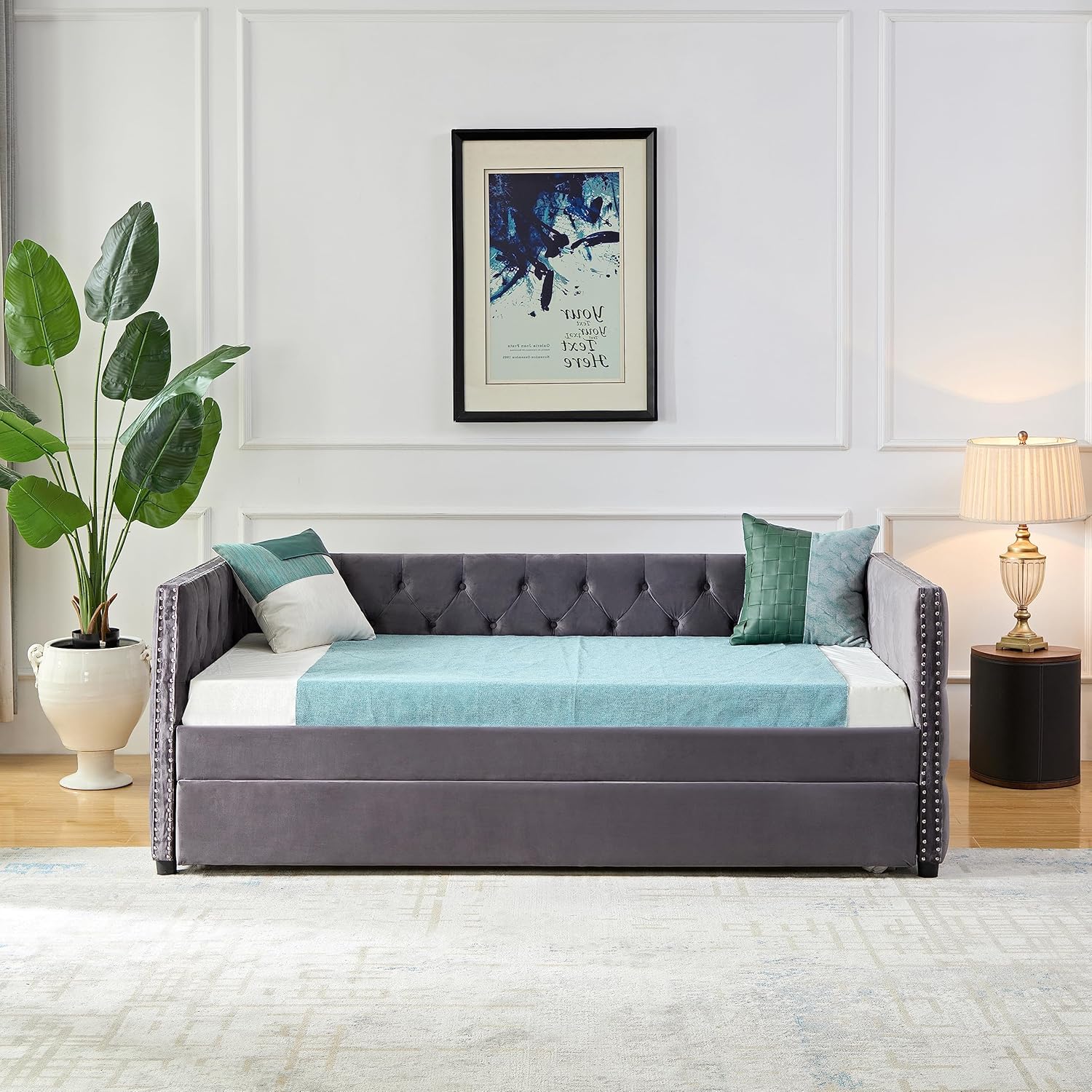 Twin Size Velvet Upholstered Daybed Frame with Trundle, Day Sofa Bed with Button and Copper Nail on Square Arms, Ideal Furniture for Bedroom Living Guest Room, Gray