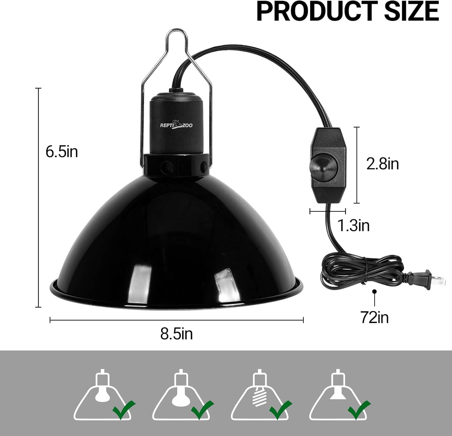 REPTI ZOO Upgrade Reptile Light Fixture with Dimming,8.5 inch Deep Dome Lamp Fixture for Reptile Tank Terrarium, Reptile Heat Lamp Fixture for UVB UVA Bulb Basking Heat Bulb