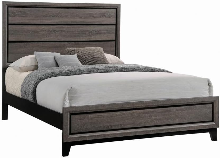 Benjara Transitional Queen Bed with Plank Panel Headboard and Low Footboard, Gray