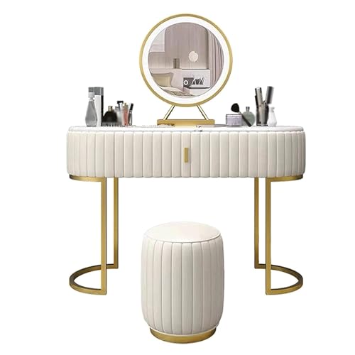 Vanity Table Touch Screen Led Mirror Vanity Set Large Drawers Vanity Desk Luxury Dresser with Cushioned Stool Dressing Table (White 100CM)