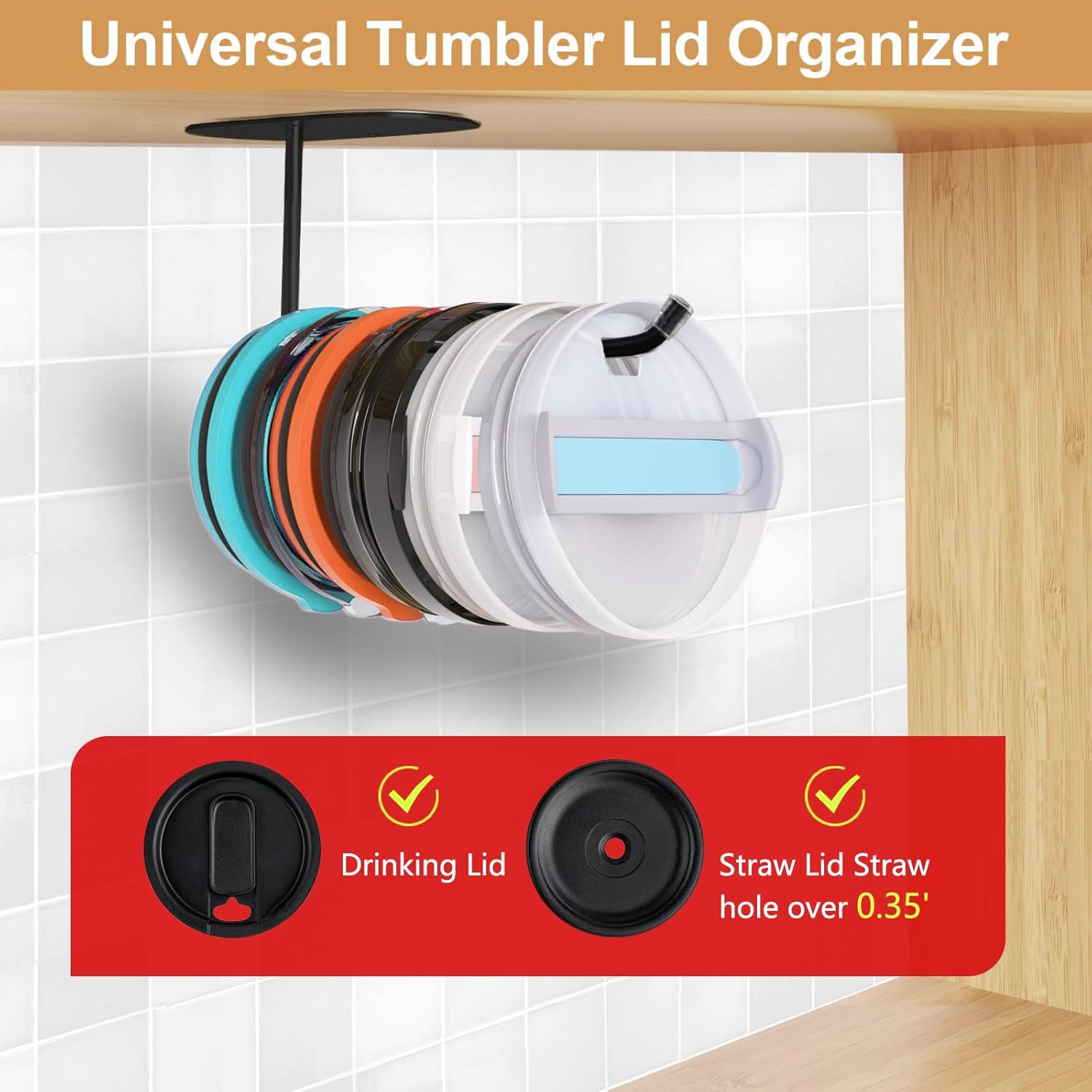 2 Pack Tumbler Lid Organizer, Stainless Steel Hook for Stanley Lid/Yeti Lid/Owala Lid, Space Saving Mug Lid Hooks for Kitchen Organizers and Storage, Self-Adhesive or Drilled （Black）