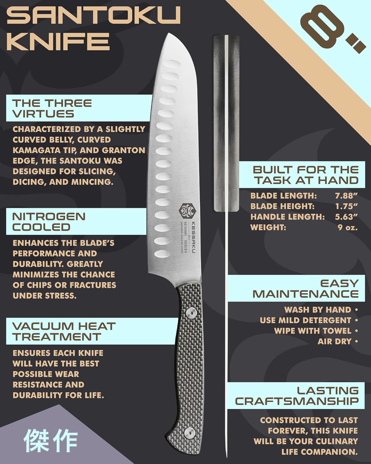 8-Inch Santoku Knife - Senshi Series - Forged Japanese AUS-8 High Carbon Stainless Steel - Carbon Fiber G10 Handle with Sheath