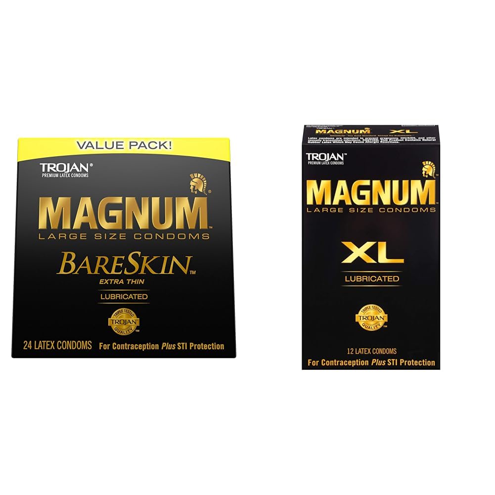 TROJAN Magnum BareSkin Premium Large Condoms, Comfortable and Smooth Lubricated Condoms for Men, America’s Number One Condom, 24 Count Value Pack & Magnum XL Large Size Lubricated Condoms - 12 Count