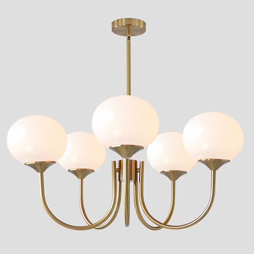 5-Light Modern Globe Sputnik Chandelier Mid Century Large Glass Gold Sputnik Pendant Lights Kitchen Island Vintage Milk Glass Dining Room Chandelier Brushed Brass Hanging Light Fixture