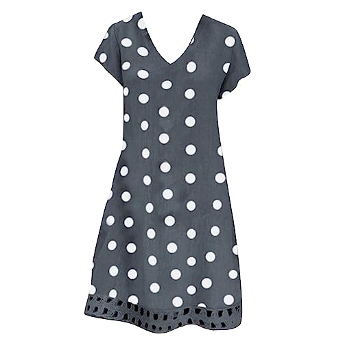 Dresses Linen V-Neck Short Sleeve Knee Dress Polka Dot Printed Dresses