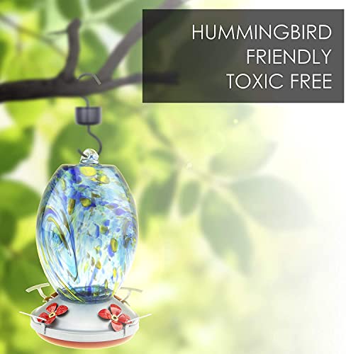 Hummingbird Feeder with Perch | Hand Blown Flat Glass in Red | 27 Fluid Ounces Humming Bird Nectar Capacity with Hanging Metal Wires and Ant Moat Hook