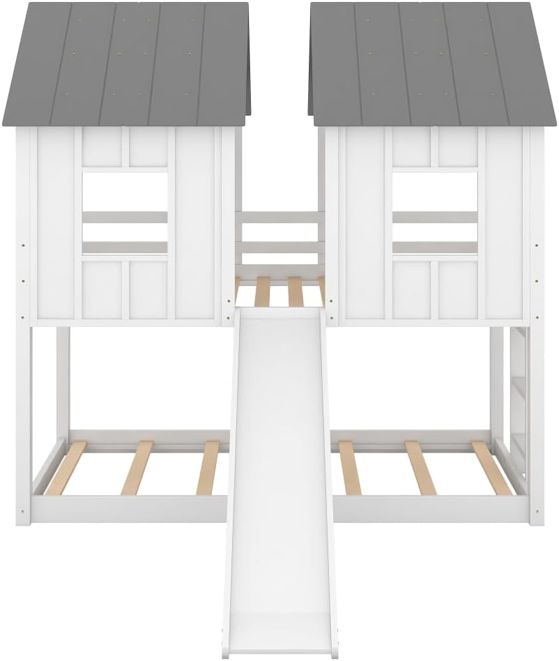 Twin Over Twin House Bunk Bed with Slide and Windows,White 2-Numbers of Package Pine Wood+MDF 14/7pcs 77.4