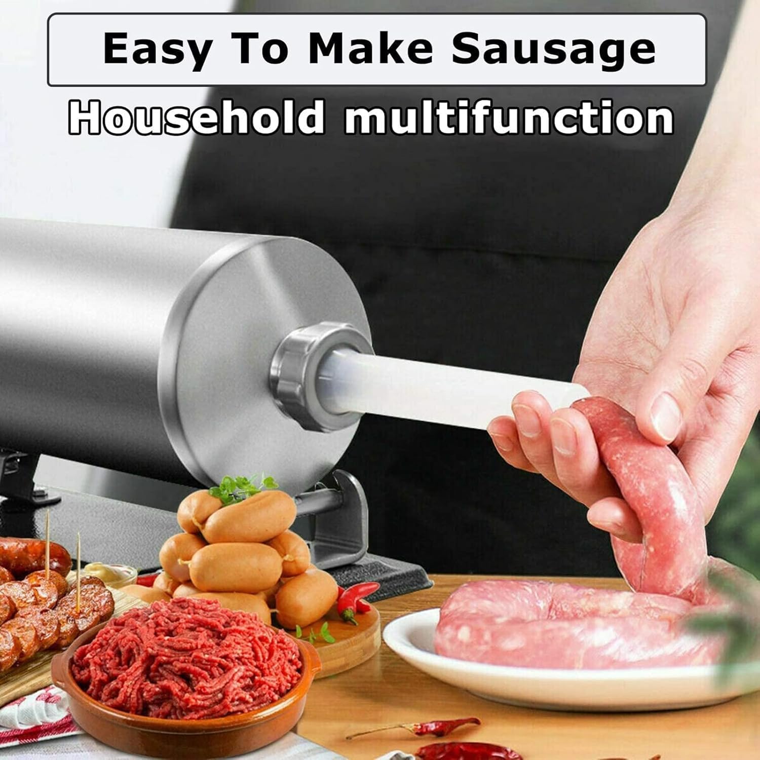 Sausage Stuffer Machine, 6LBS/3L Stainless Steel Horizontal Sausage Stuffer Maker Manual Sausage Filler with 4 Filling Tubes, for Commercial or Home Use