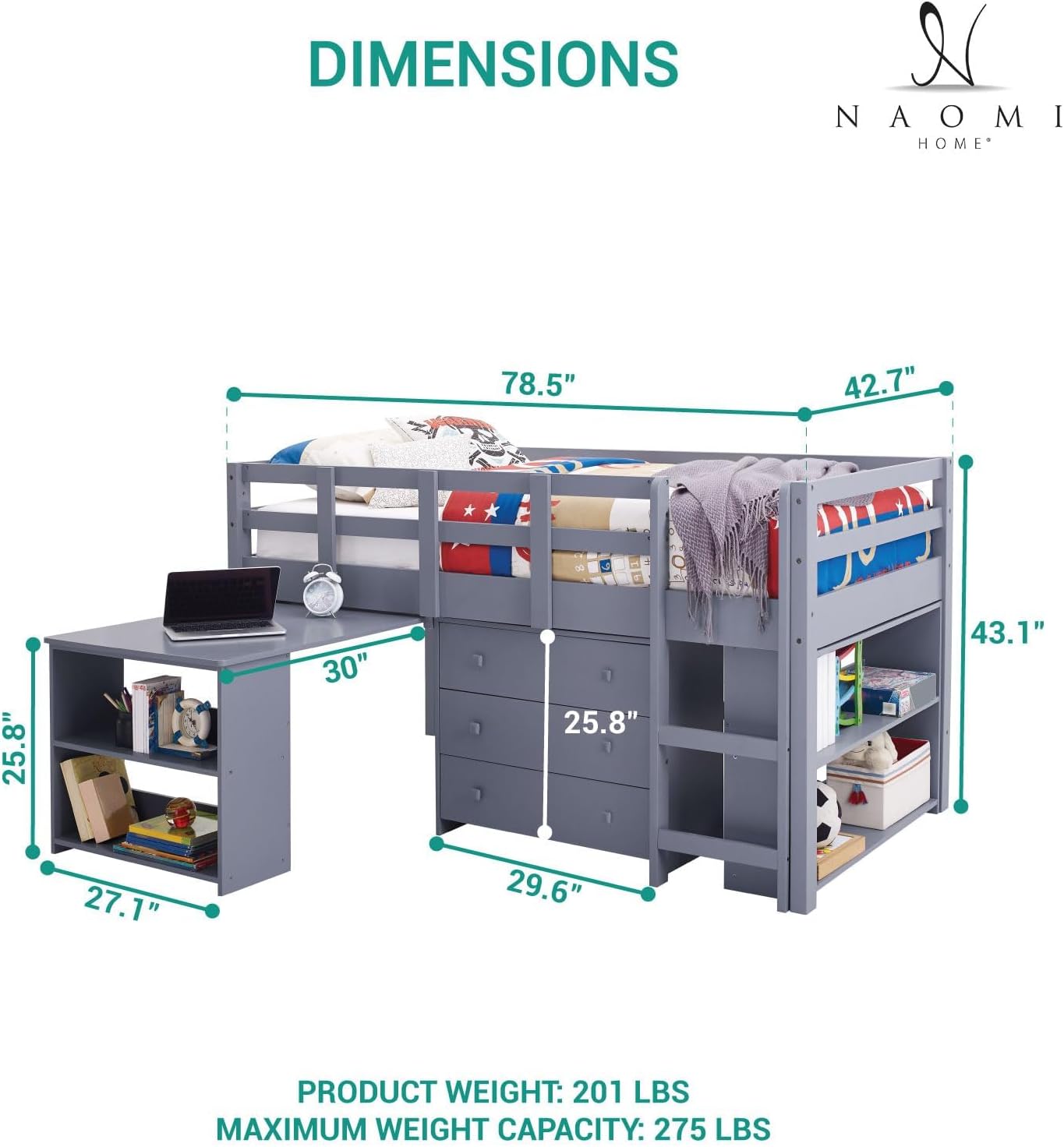 Naomi Home Low Loft Bed Twin Loft Bed with Desk and Storage Kids Beds for Boy Solid Pine Wood Toddler Loft Bed with Storage, Ladder Storage Guard Rails, No Box Spring Needed, Loft Bed Gray