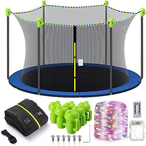 Breathable Trampoline Net Replacement 6 Poles Safety Enclosure Net with Remote LED Battery String Lights, 6 Pcs Enclosure Pole Cap for 6 Straight Poles Round Frame Trampoline