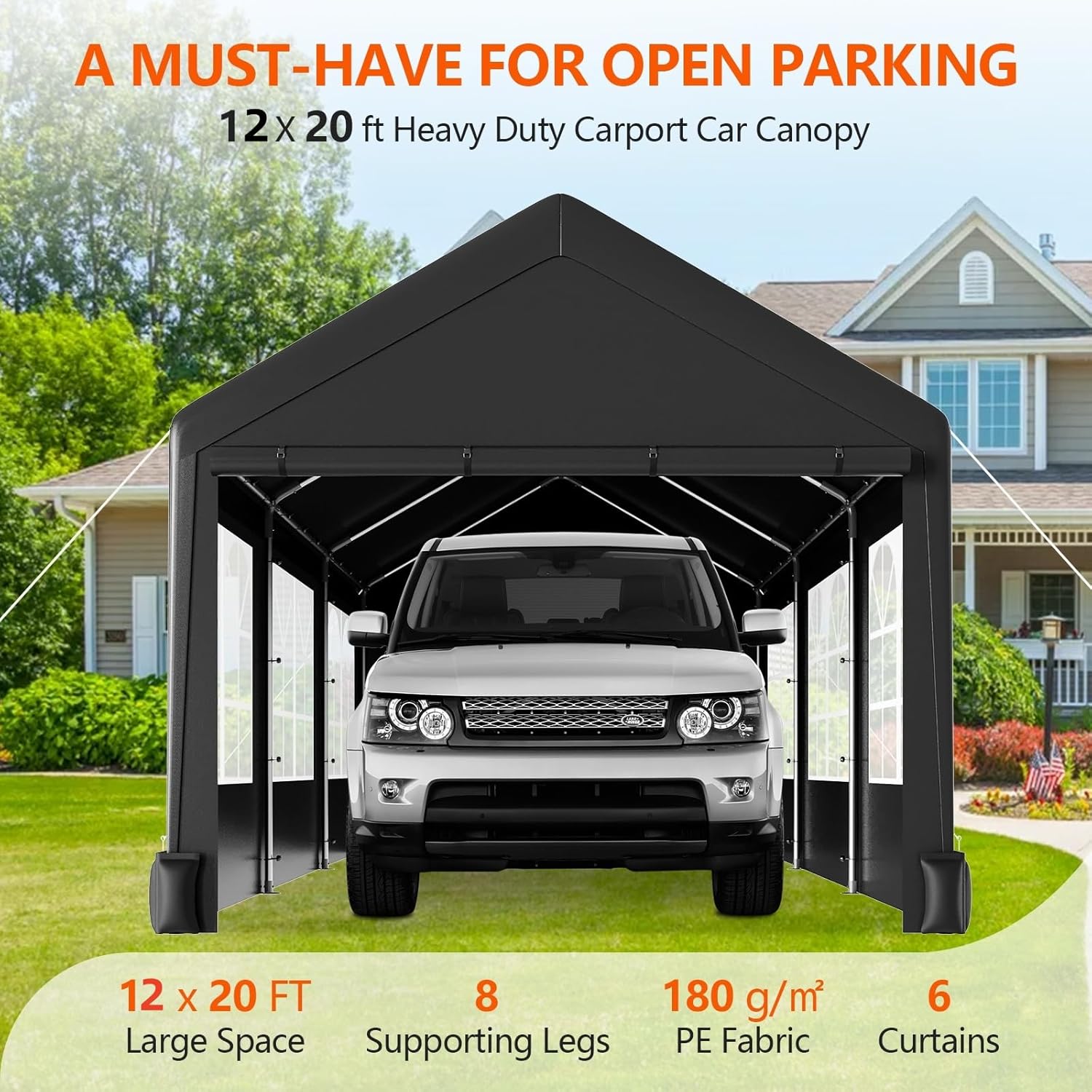 12 * 20 Heavy Duty Carport Canopy, Portable Car Tent Garage with 6 Roll-up Windows and All-Season Tarp Cover, Metal Roof & 4 Sandbags for Car, SUV, Truck & Boat, Black