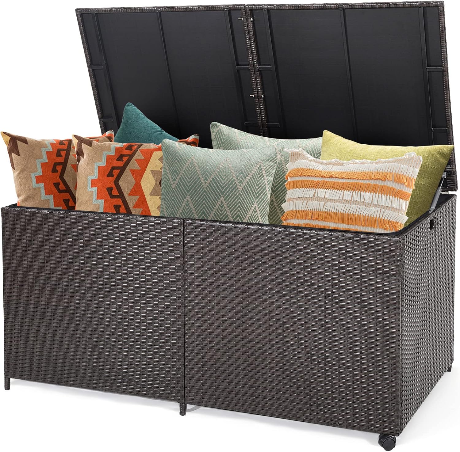 RELAX4LIFE 175-Gallon Storage Deck Box - Outside Wicker Storage Container with Zippered Liner, 2 Universal Wheels, Gas Strut, Patio Rattan Storage Bin for Backyard, Front Porch Outdoor Box, Brown