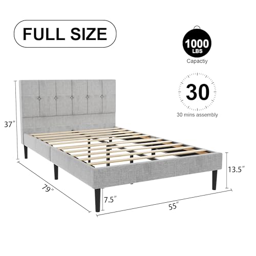Full Size Platform Bed Frame with Upholstered Headboard, Modern Bed with Wooden Slat, No Box Spring Needed, Easy Assembly, Mattress Foundation, Velvet Pink