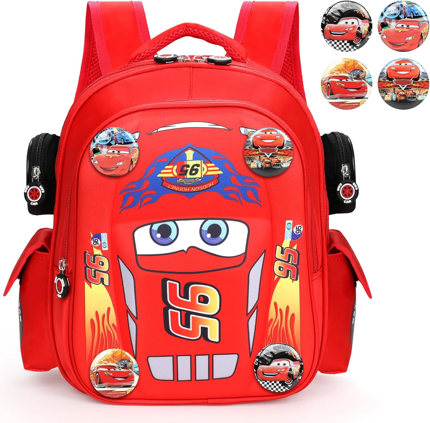 Cute Cartoon Cars School Backpack - 3D Student Cars Themed School Backpack with 4 Badges Waterproof Lightweight Cartoon Schoolbag for Preschool Toddler Boys Girls