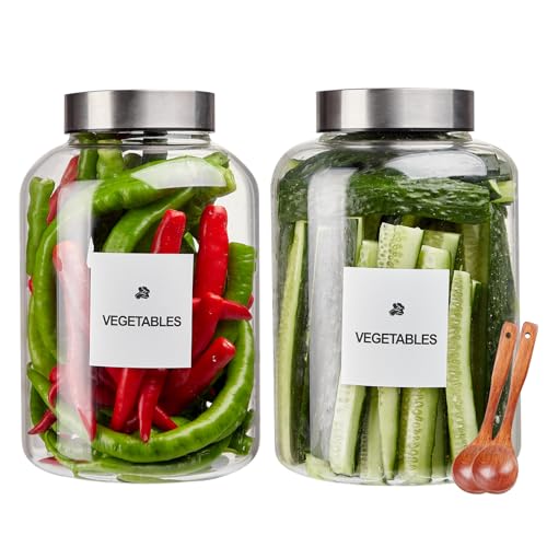 Large Glass Jar with Airtight Lid Set of 1 Gallon × 2 with Waterproof Label and Wooden Spoon Glass Canister for Kitchen Pantry for Flour, Tea, Coffee Beans, Egg, Cookies