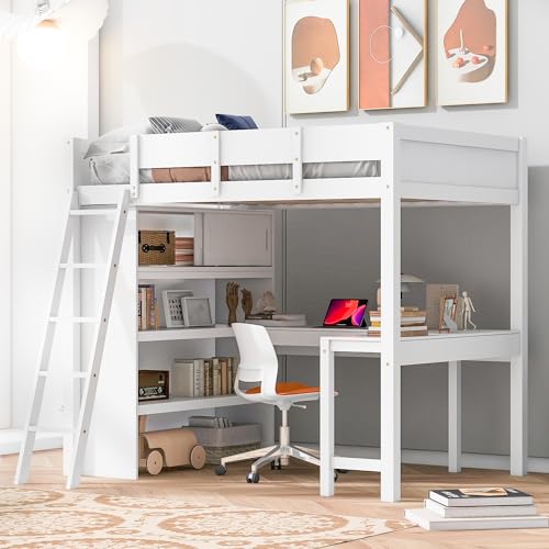 Merax Full Size Loft Bed with U-shaped Desk, Drawers and Storage Shelves, White