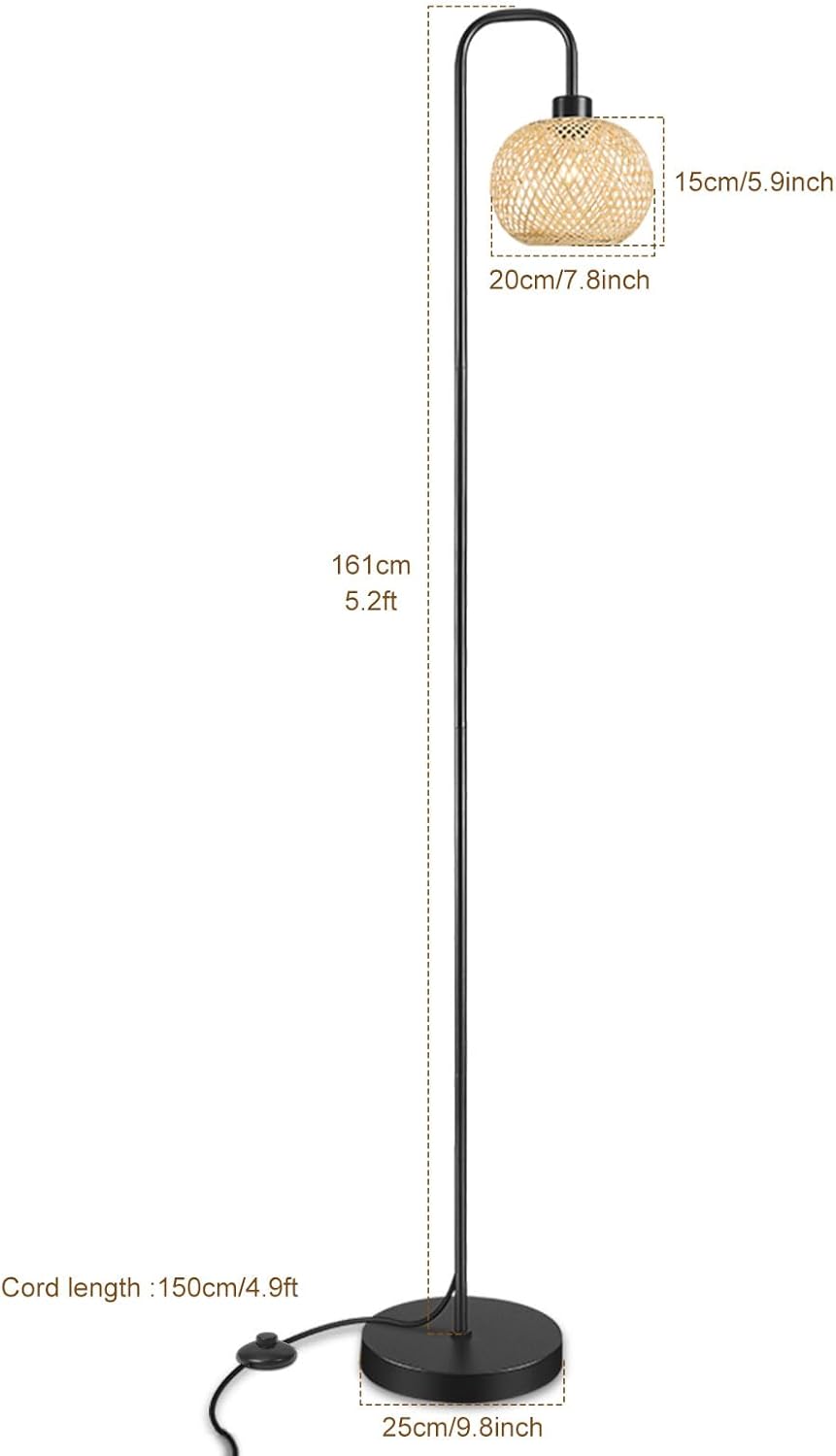 Boho Floor Lamp for Living Room, Industrial Standing Lamp with Handmade Rattan Natural Bamboo Lantern Mini Shade, Tall Pole Light with E26 Socket for Bedroom, Farmhouse,Black(NO Bulb)