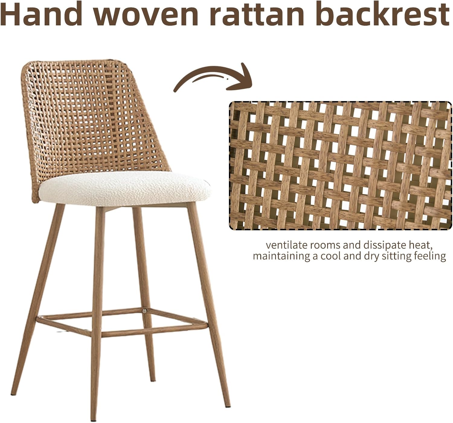 Rattan Bar Stools Set of 2, 26 Inch Seat Height Wicker Bar Stools Set of 2, PE Rattan Counter Stool with Metal Legs,Counter Stool Chairs for Patio Balcony Garden Pool Backyard