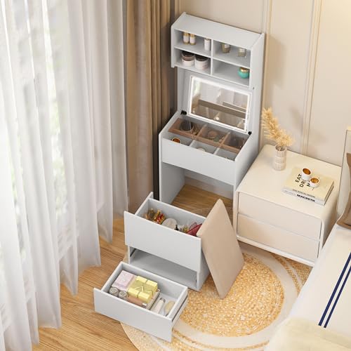 Modern Dressing Table Set with Flip Top LED Illuminated Mirror, Makeup Vanity Dressing Table with Removable Upholstered Storage Stool, Visual Glass Desktop and Open shelves for Bedroom (White * 49)