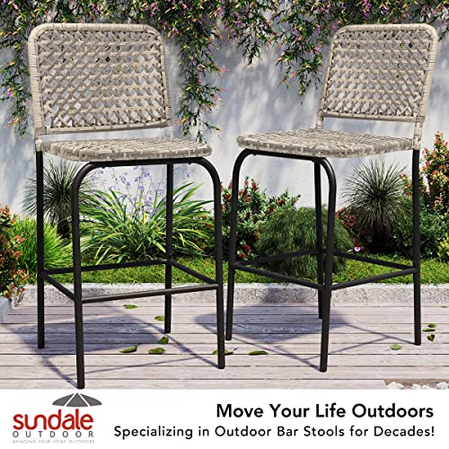 Sundale Outdoor Patio Bar Stools Set of 4, Hand Woven PE Rattan Hollow Back Armless Barstools for Deck Yard Porch, All-Weather Gradient Grey Wicker Outside Tall Chair Set