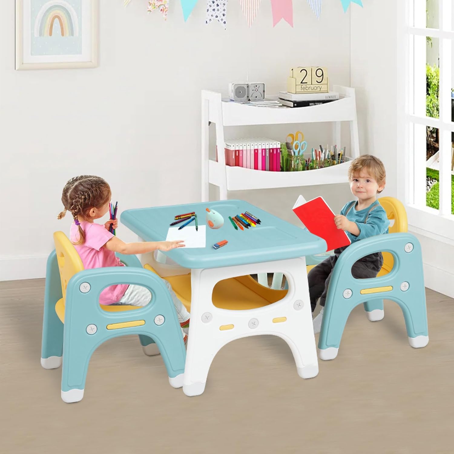 Kids Table and Chairs Set for 2 - Kids Study Table and Chair Set Toddler Activity Table Desk Set for Daycare, Classroom, Home, Green & Yellow