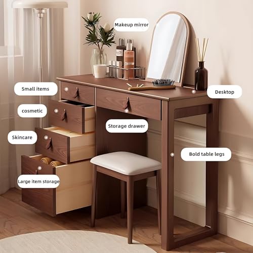 Chinese Makeup Vanity - Solid Wood Vanity Desk with 5 Drawers & Mirror and Chair, Luxury Dressing Table for Bedroom (Wood Color,31.5'')