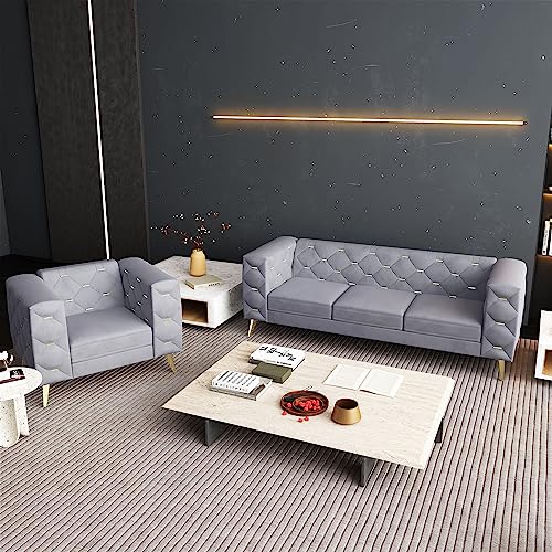 2 Pieces Mid-Century Modern Sofa Set, Upholstered Couch with Square Arms and Tufted Back, Chesterfield Faux Leather Loveseat sofa couch with Metal Buckle Decor for Living Room, Office, Bedroom (Black)