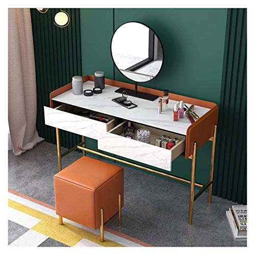 Luxury Dressing Vanity Table w/Stool for Bedroom, Dressing Table with 2 Large Drawers, Bedroom Makeup Vanity Desk with Round Mirror and Cushioned Stool(White)