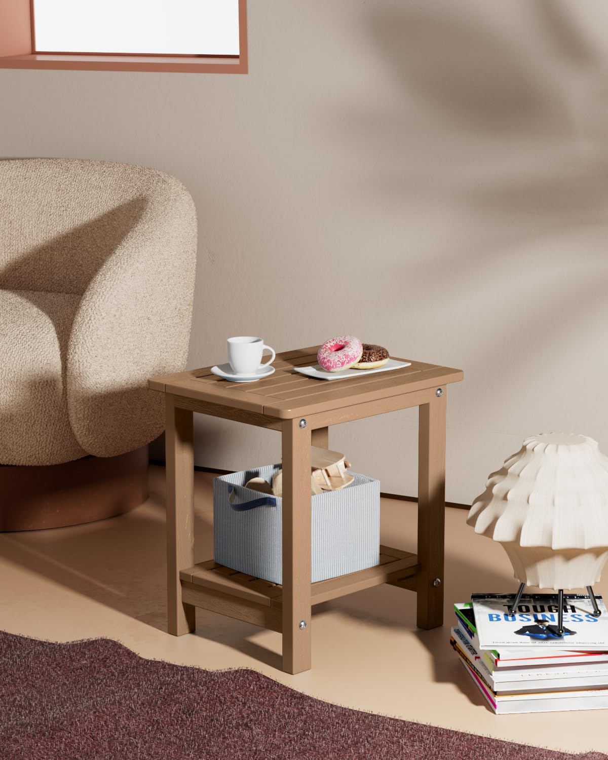 YEFU Small Table Side Tables Outdoor Coffee Table for Patio Living Room Bedroom(Teak, Double Layer)