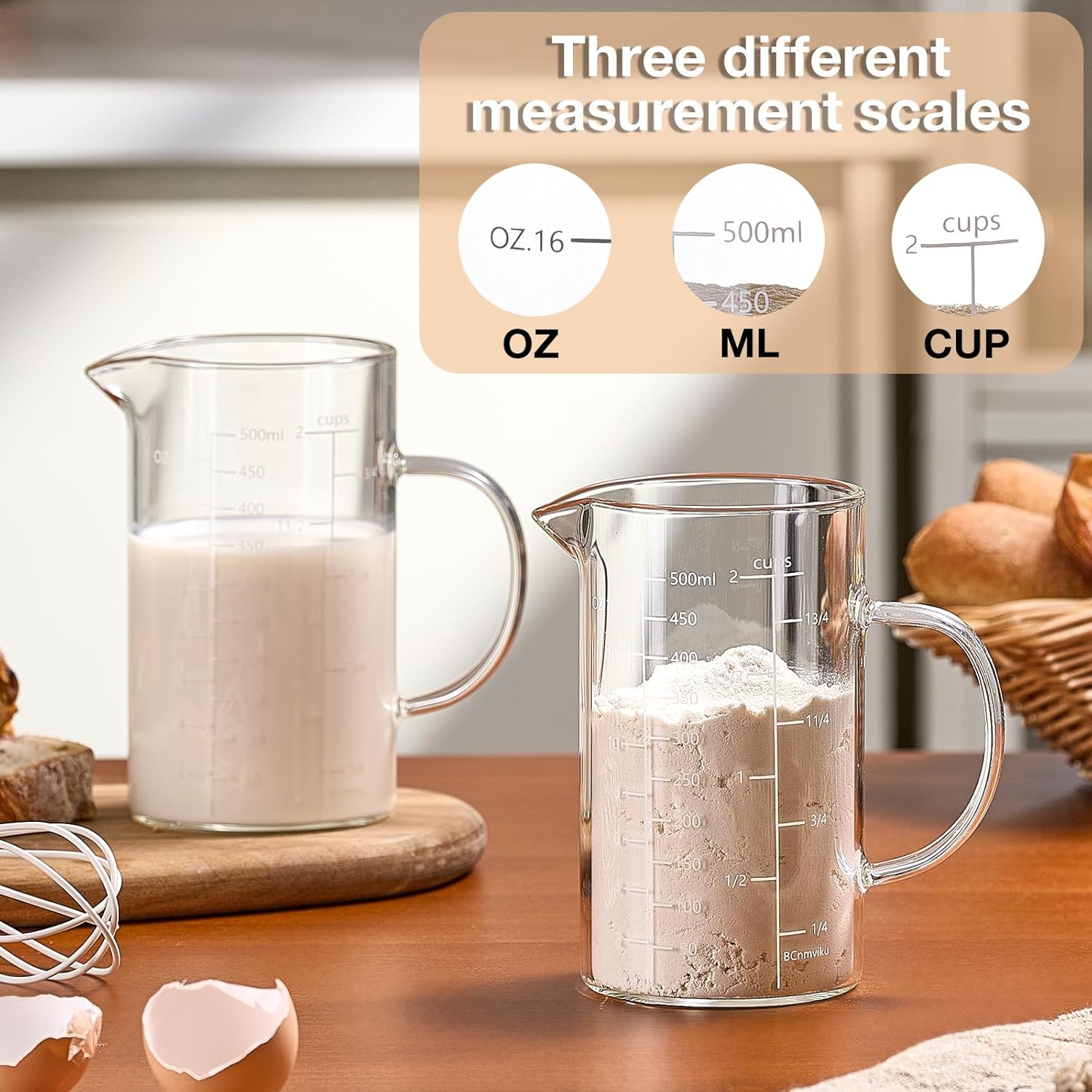 500ML 2 CUP Glass Liquid Measuring Cup With Handle, High Borosilicate Glass Three Scales (OZ, Cup, ML/CC) for Kitchen or Restaurant, V-Shaped Spout Glass Measuring Beaker, Easy To Read