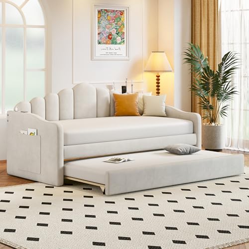 Twin size Upholstered Daybed with Trundle, Velvet Sofa bed with USB Charging Ports and 2 Storage Pockets, Soft Fabric Headboard, No Box Spring Need, for Living Room, Bedroom, Private Theater, Beige